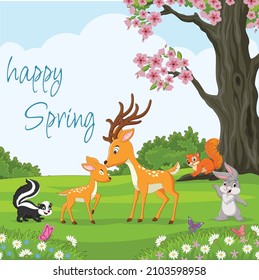 Group of happy animals cartoon playing in the park