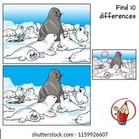 Group of happy baby seals are playing. Find 10 differences. Educational game for children. Cartoon vector illustration