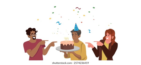 group of happy and birthday people, friends celebrating birthday. vector illustration.