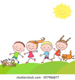 Group of happy boys and girls with cat and dog running on a road on a white background. Sun is shining.
