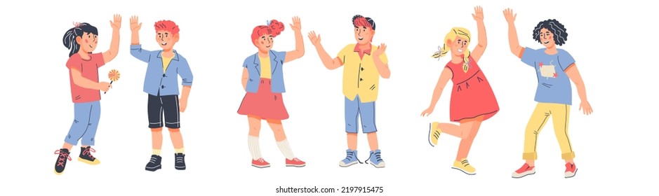 Group of happy boys and girls clapping hands and giving high five. Friendly joyful children cartoon characters, flat vector illustration isolated on white background.