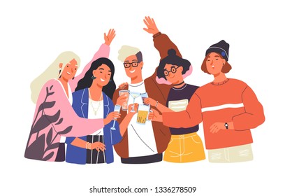 Group of happy boys and girls clinking glasses and drinking alcohol at celebratory party. Portrait of cute joyful friends celebrating together. Colorful vector illustration in flat cartoon style.