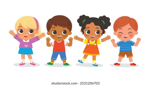 Group of Happy boys and girls standing and jumping. Collection back to School of kindergarten. Children with different jumping poses. Children's activities. 