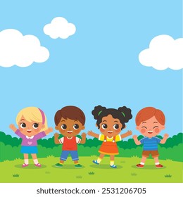 Group of Happy boys and girls standing and jumping on the park. Children's activities. Template for advertising brochure.