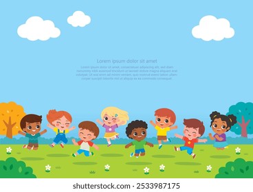 Grupo de meninos e meninas felizes de pé e pulando no parque. Atividades infantis. Modelo para folheto de publicidade. Pronto para a sua mensagem.