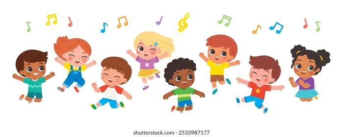 Grupo de niños y niñas felices de pie y saltando con notas musicales. Actividades infantiles. Colección de vuelta a la escuela de jardín de infantes. Niños con diferentes poses de salto.