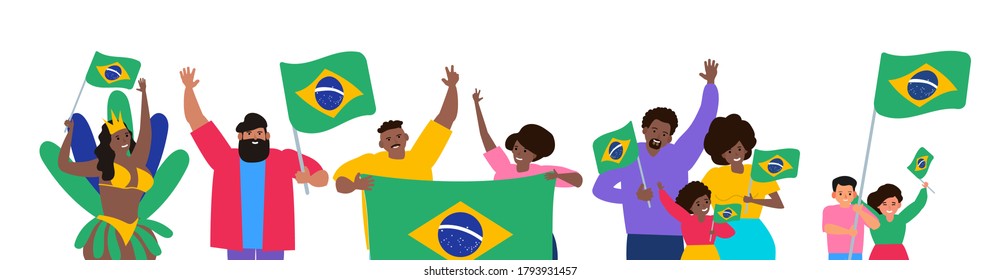 group of happy brazilian people with  flags independence day celebration vector illustration