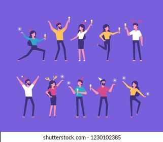 Group of happy business people at a Christmas and New Year's corporate party. Positive men and women with champagne and sparklers dancing and having fun. Set of modern vector characters.