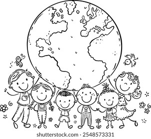 Group of happy cartoon children different ages standing in a row under the Globe as a symbol of peace and world unity, global communication. Outline illustration
