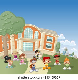 Group of happy cartoon children in front of school