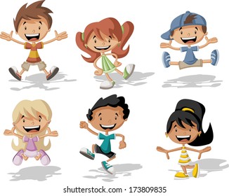 Group of happy cartoon children jumping 