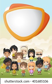 Group of happy cartoon children on a green park
