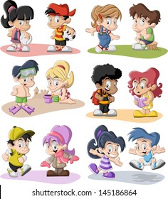 Group of happy cartoon children playing