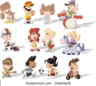 Group of happy cartoon children playing