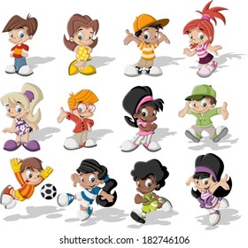 Group of happy cartoon children playing