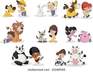 Group of happy cartoon children playing with animals pet