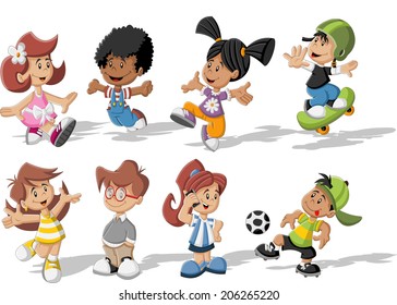 Group of happy cartoon children playing