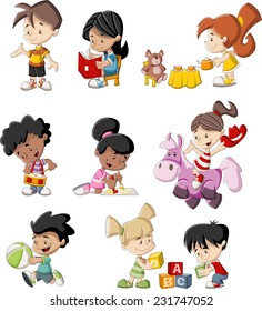 Group of happy cartoon children playing 