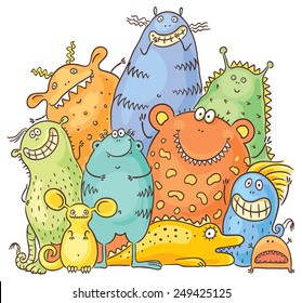 Group of happy cartoon colorful monsters, no gradients