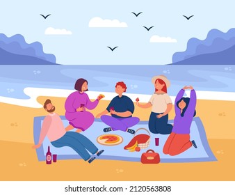 Group of happy cartoon friends having picnic on beach. Smiling men and women eating and drinking outside near ocean, people having lunch on sea shore flat vector illustration. Summer, nature concept