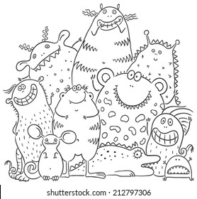 Group of happy cartoon monsters