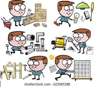 Group of happy cartoon trades people actively working at their jobs. 