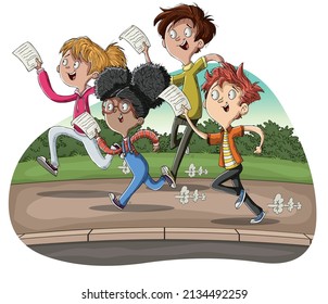 Group of happy cartoon young people running with paper note.