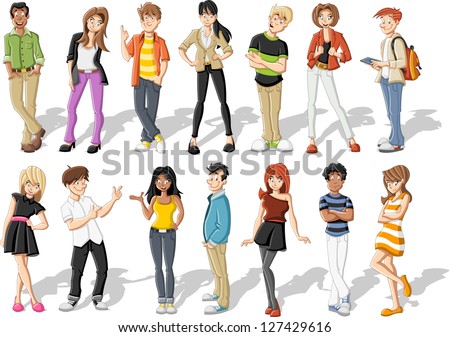 Group of happy cartoon young people