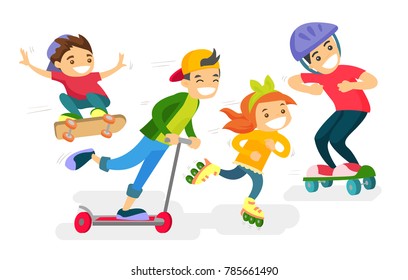 Group of happy caucasian white children playing outdoors. Cheerful active boys and girl having fun while riding a skateboard, kick scooter and roller skates. Vector isolated cartoon illustration.