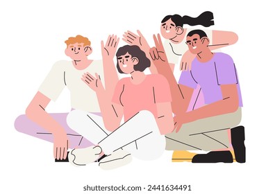 Grupo de alegres amigos felices se paran y se sientan juntos. Equipo de apoyo, unión de personas diversas hombres, mujeres. Adolescente unido, colega o comunidad de empleados, unidad. Ilustración vectorial aislada en blanco.