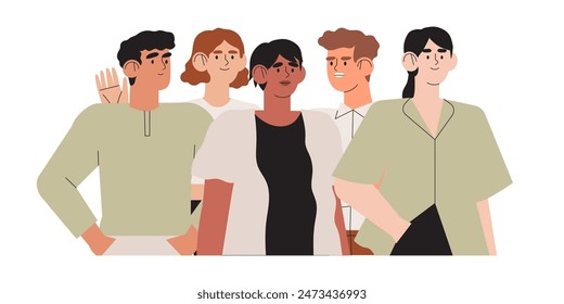 Group of happy cheerful friends stand together. Team support, cooperation of diverse people men, women. United teenage, colleague or employee community, unity. Vector illustration isolated on white.