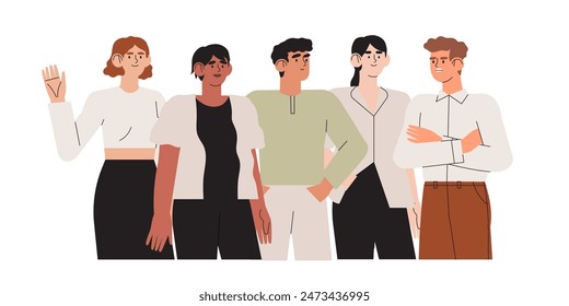 Group of happy cheerful friends stand together. Team support, cooperation of diverse people men, women. United teenage, colleague or employee community, unity. Vector illustration isolated on white.