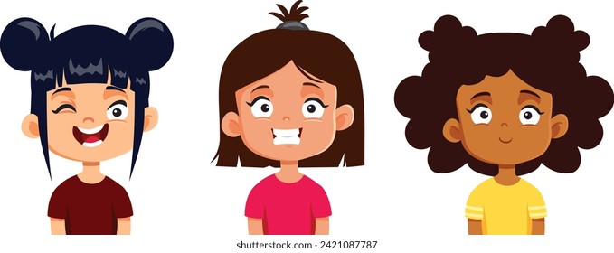 
Group of Happy Cheerful Toddler Girls Vector Cartoon illustration. Tree best friends feeling excited and cheerful 
