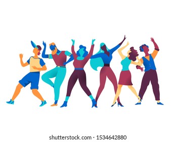 Group of happy cheering characters in different poses expressing various emotions celebrate at a party. Company men women avatars isolated on white background. Vector illustration