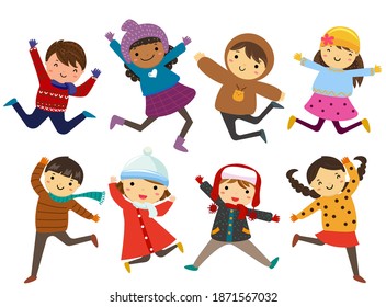 Group Of Happy Childern In Winter