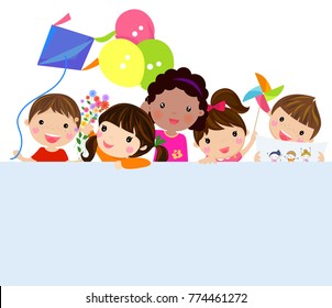 Group of happy children and banner