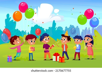 A group of happy children at a birthday party in a park or backyard in summer. Kids celebrate a friend's birthday, boys and girls with colorful balloons in their hands, gifting presents to a friend.