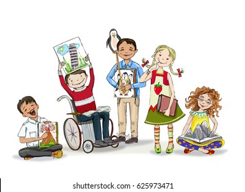 Group of happy children with books. Educational concept illustration
