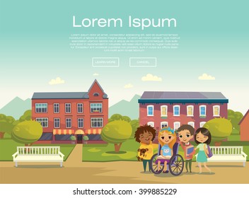 Group of Happy Children with books and tablets stand on a sunny city street or Schoolyard. Caring for the disabled child concept. Special education child. Handicapped Kid. Vector. Isolated.