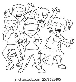 Group of happy children, boys and girls, children playing blind. Vector illustration.