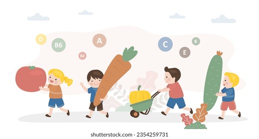 Group of happy children carrying vegetables for eating. Multiethnic kids characters holds different healthy food. Vegetarian nutrition with large amounts vitamins. Good crop. flat vector illustration