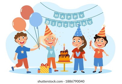 Grupo de niños felices celebrando su cumpleaños riendo alrededor de un pastel con sombreros de fiesta debajo de una pancarta, dibujos animados de color ilustración vectorial