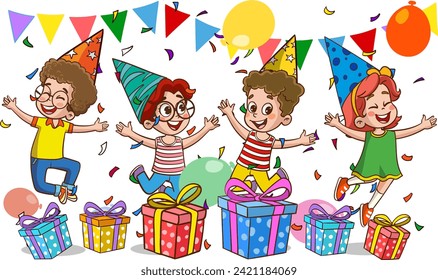 Grupo de niños felices celebrando su cumpleaños. Ilustración vectorial al estilo de las caricaturas.