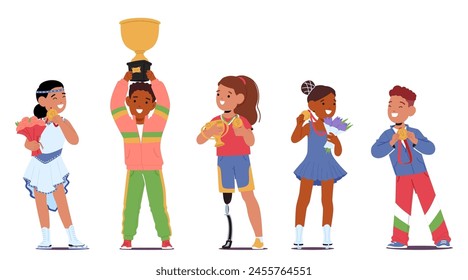 Group Of Happy Children Characters Standing Together, Holding Trophies And Medals, Sharing Their Achievements. Heartwarming Scene Of Joyful Kids Celebrating Success. Cartoon People Vector Illustration