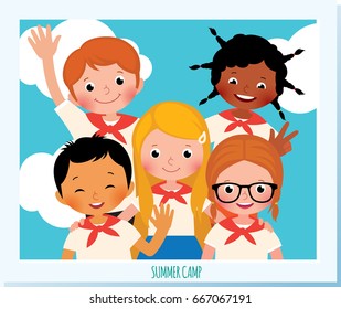 Group of happy children in a children's summer camp was photographed standing with arms around each other.