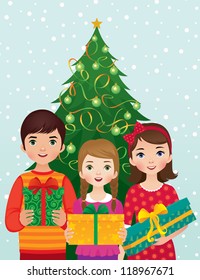 Group of happy children with Christmas gifts in hands on background of decorated holiday tree Stock vector illustration