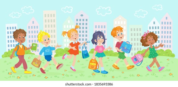 Group of happy children in the city. Boys and girls of different nationalities pass through the park with school bags. In cartoon style. Vector illustration.