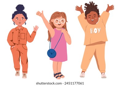 A group of happy children. Cute diverse cheerful children celebrating, waving, greeting. Joyful excited kindergarten friends, little girls and boys. Flat graphic vector illustration isolated on white.