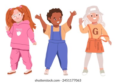 A group of happy children. Cute diverse cheerful children celebrating, waving, greeting. Joyful excited kindergarten friends, little girls and boys. Flat graphic vector illustration isolated on white.