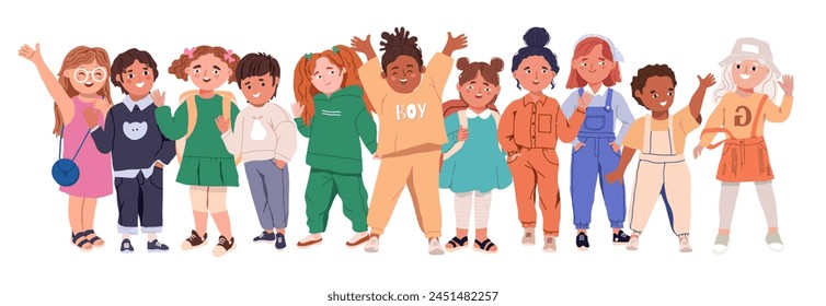 A group of happy children. Cute diverse cheerful children celebrating, waving, greeting. Joyful excited kindergarten friends, little girls and boys. Flat graphic vector illustration isolated on white.